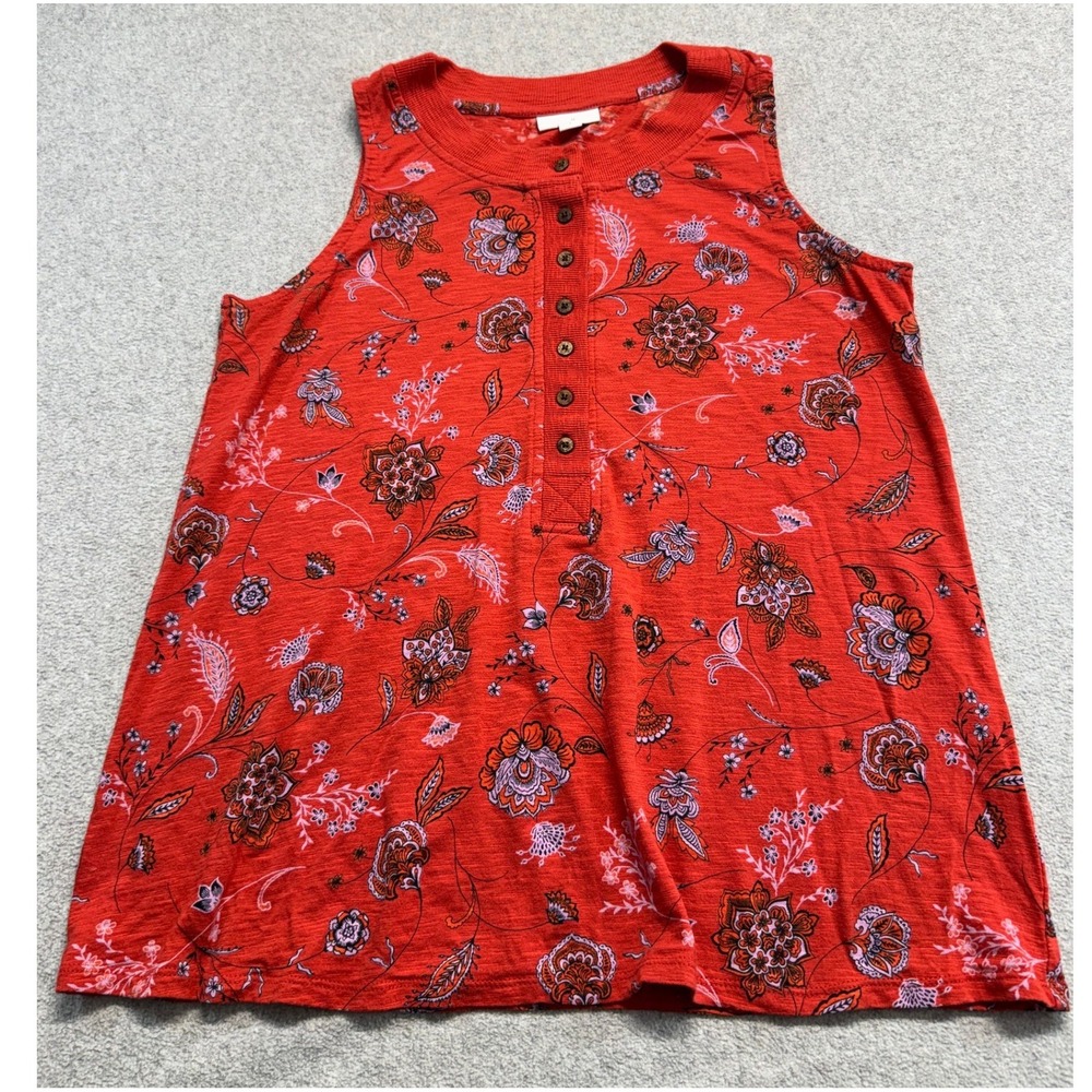 J Jill Womens S Red Floral Paisley Sleeveless Henley Tunic Top Tencel Modal